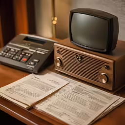 a radio sitting next to an old television on a desk