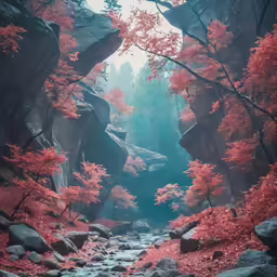 an oriental forest is bathed with vibrant pink trees