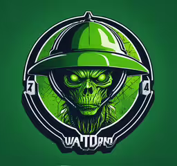 a green t - shirt design with an image of a skull wearing a helmet,a green poster with the words warhammer