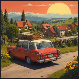 a car parked near the grass with some animals on top of it,a orange old car with an open top parked near a mountain