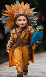 a doll with a yellow feather on head and a parrot perched on it