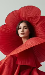 woman in a red dress with huge leaf wings