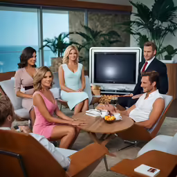 a group of people sitting around a wooden table