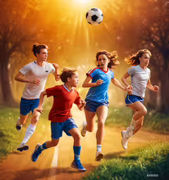 the people are running across the path in the forest,the people are running along the trail near the soccer ball
