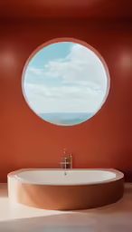 the circular window is in the wall over the bathtub