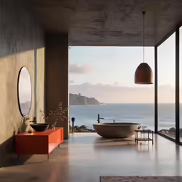 an empty bathroom overlooking the ocean with circular mirrors