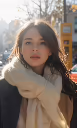 a young woman wearing a scarf with a parking lot behind her