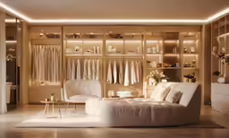 a couch in front of wardrobes filled with clothes