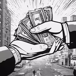 a person holding cash in the middle of a city,a hand with many dollars coming out of it