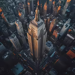 an aerial view of the cityscape with large buildings in the foreground