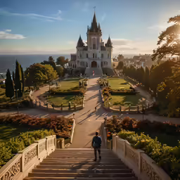 the sun is just above the stairs leading to the castle