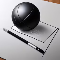a pen and a ball sitting on a piece of paper