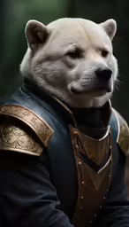 a dog dressed up in armor and helmet sitting on a blanket