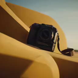 a black camera on top of a tan couch