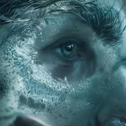 an alien man with long, dark hair stares directly into the camera