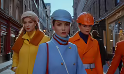 a row of women in brightly colored clothing walk down a city street