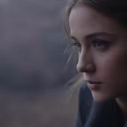 a beautiful young woman in a grey sweater with eyes open