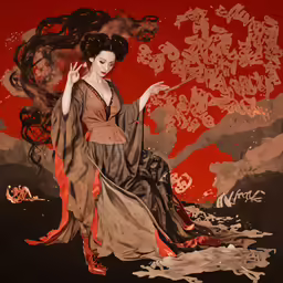 an oriental woman dressed in brown holding a black cat