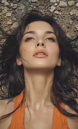 a woman in an orange top with a water splash on her face