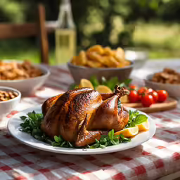a whole turkey sits on a plate next to plates and bowls of food
