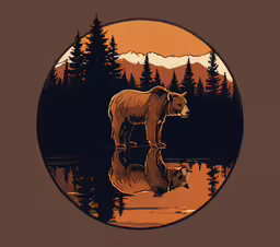 a painting shows an image of two brown bears,a bear and cub standing next to each other
