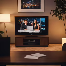 the television set is on in the living room with a woman on it
