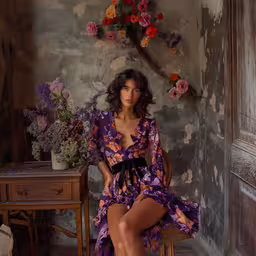a beautiful young woman sitting in a chair in front of a wall with flowers,a woman in a purple floral dress sitting on a chair