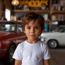 young boy wearing white shirt near a parked car