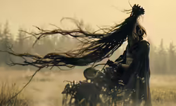 woman with her hair flying above head sitting in the wilderness