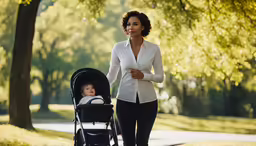 a woman and child walking down a pathway