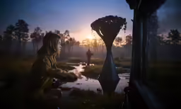 a woman sits by a lake while a man walks towards it