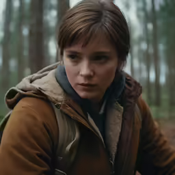 a girl with a backpack in the woods