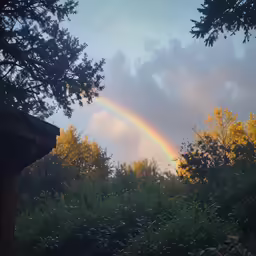 a rainbow shines in the sky over trees