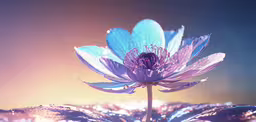 a flower with large leaves is surrounded by some water,an image of a lotus flower that is in bloom