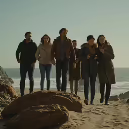 people on a beach with the ocean and rocks in the background