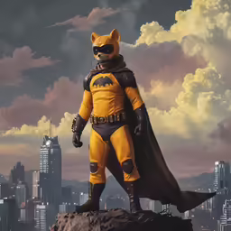 a man in a yellow outfit standing on top of a mountain