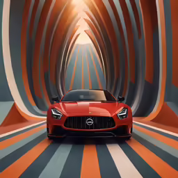 a sports car is surrounded by orange and grey stripes