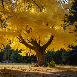 a yellow tree stands in the middle of a field
