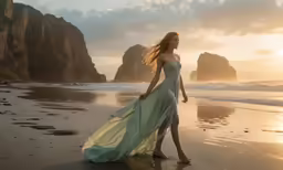 a beautiful young woman in a long dress walks along the beach