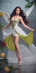 a sexy girl wearing angel wings and holding a green piece of clothing