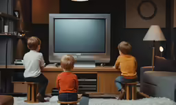 three children are sitting on stools and playing a game on the tv