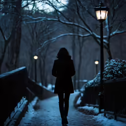 a woman walking through a snow covered park