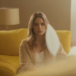 a young woman sitting on a yellow couch