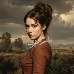 a woman is looking directly in the camera with dark clouds overhead