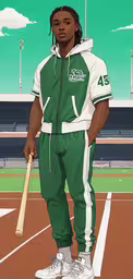 a woman standing on top of a baseball field,a painting of a person in a green and white outfit holding a baseball bat