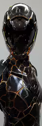 a picture of the inside of a robot suit,the futuristic man is dressed up in black with gold