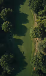 aerial view of an area near a forest with a long line of green grass and people standing on the other side of the path