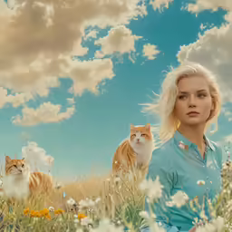 two cats sitting on a field with a woman