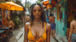 a woman wearing sunglasses and a yellow bikini,a young black woman wearing a yellow bikini and sunglasses