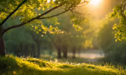a grassy field with trees and bright sun shining through the leaves
